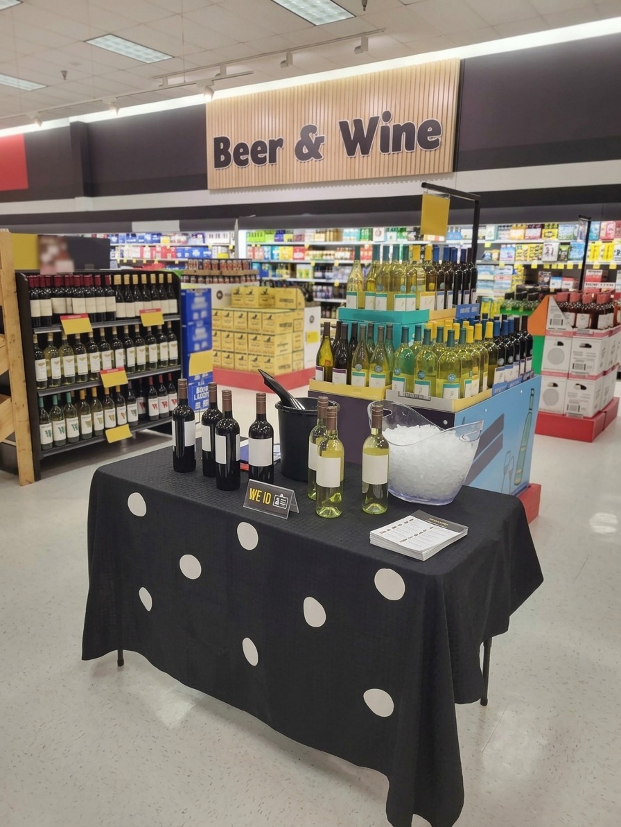 A tasting station in a wine and spirits retail aisle